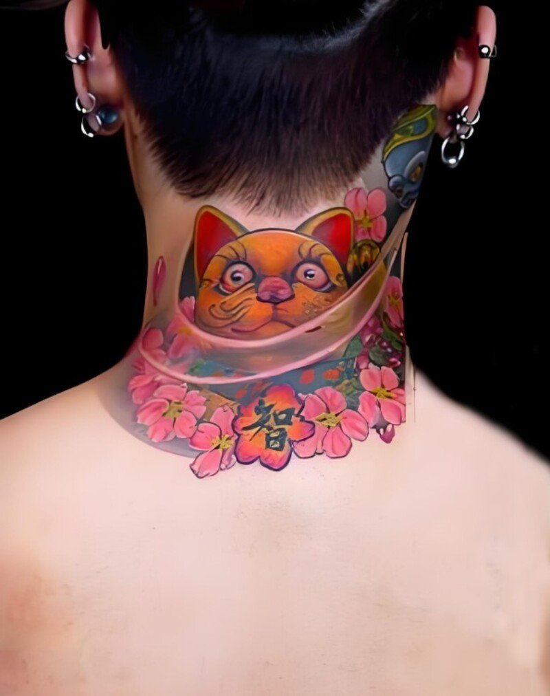 Hình xăm mèo nhật full cổ cho nam