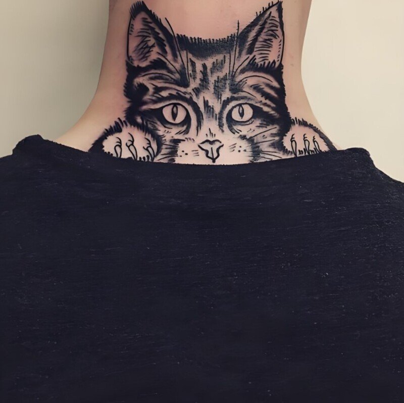 Hình xăm mèo ở cổ cho nam