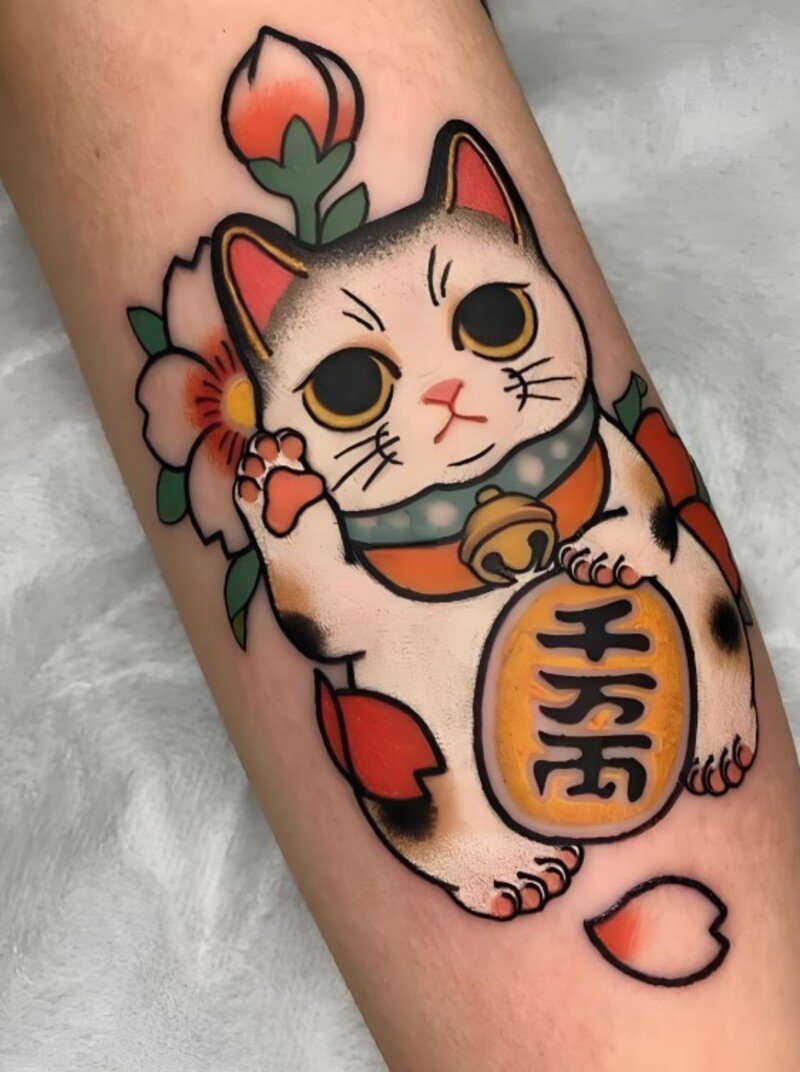 Hình xăm mèo thần tài đi nét cho nam