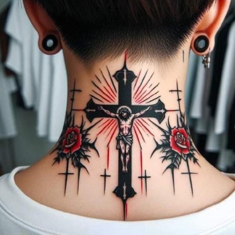 Hình xăm thánh giá full cổ cho nam