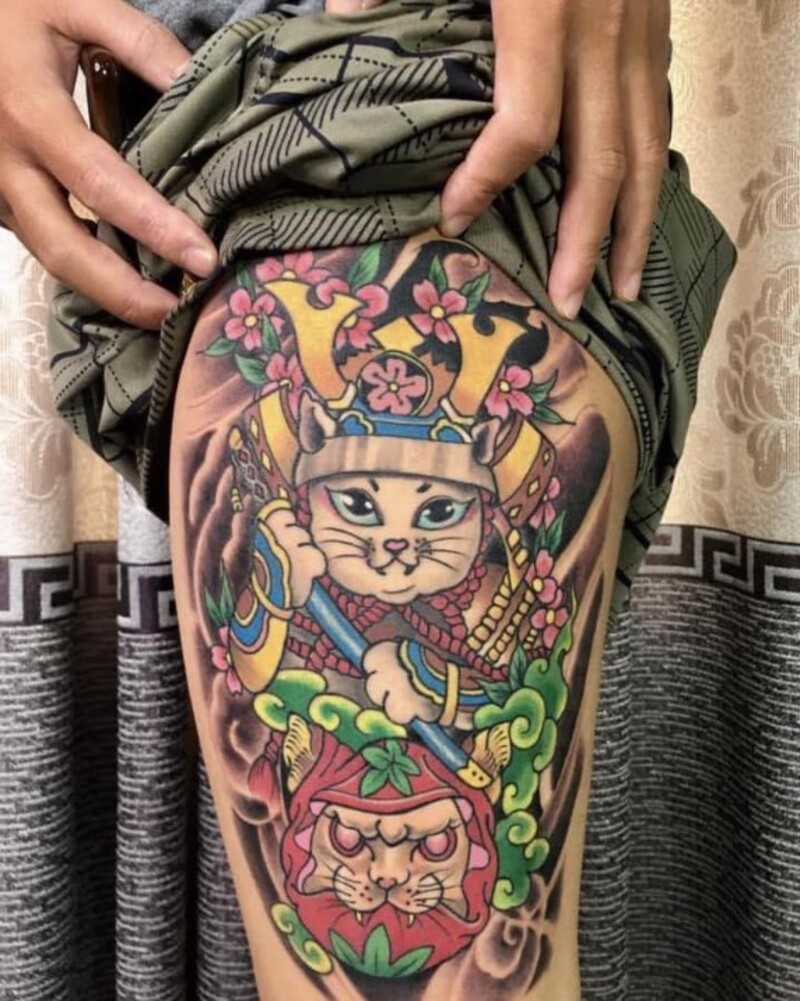 hình xăm mèo samurai cho nam