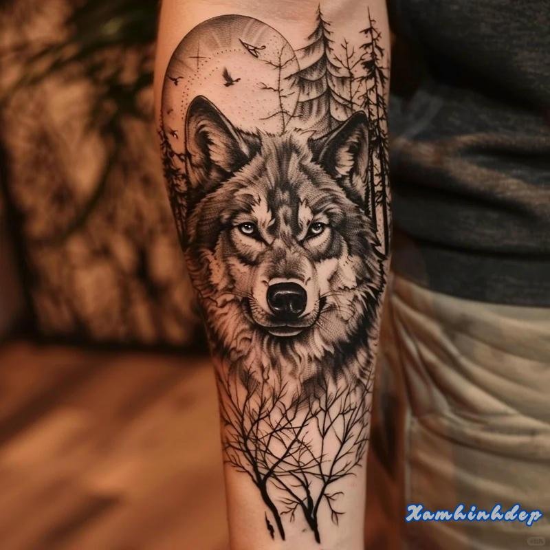 hình xăm sói nổi bật ấn tượng.