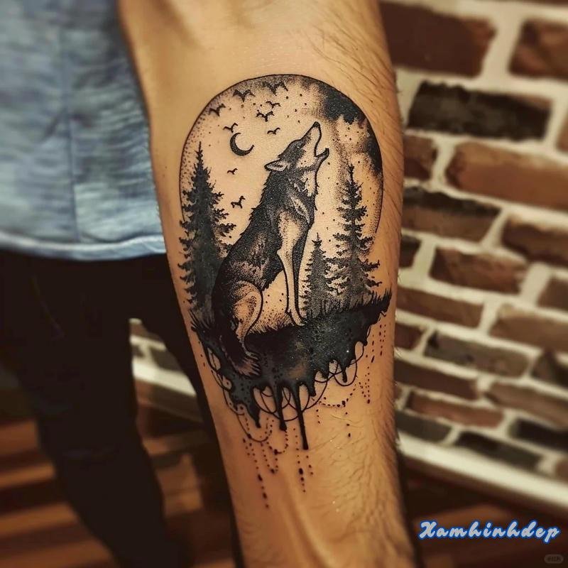 hình xăm sói tinh xảo cuốn hút.