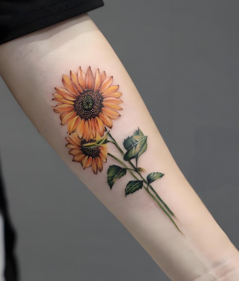 xăm hoa hướng dương ở cánh tay cho nữ